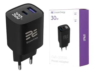 Síťová nabíječka Encore Energy GaN 30 W s displejem, USB-C PD 3.0 + USB-A QC, GaN-3083R