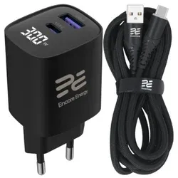 Síťová nabíječka Encore Energy GaN 30 W s displejem, USB-C PD 3.0 + USB-A QC, GaN-3083R + kabel USB-A – USB-C 2 m